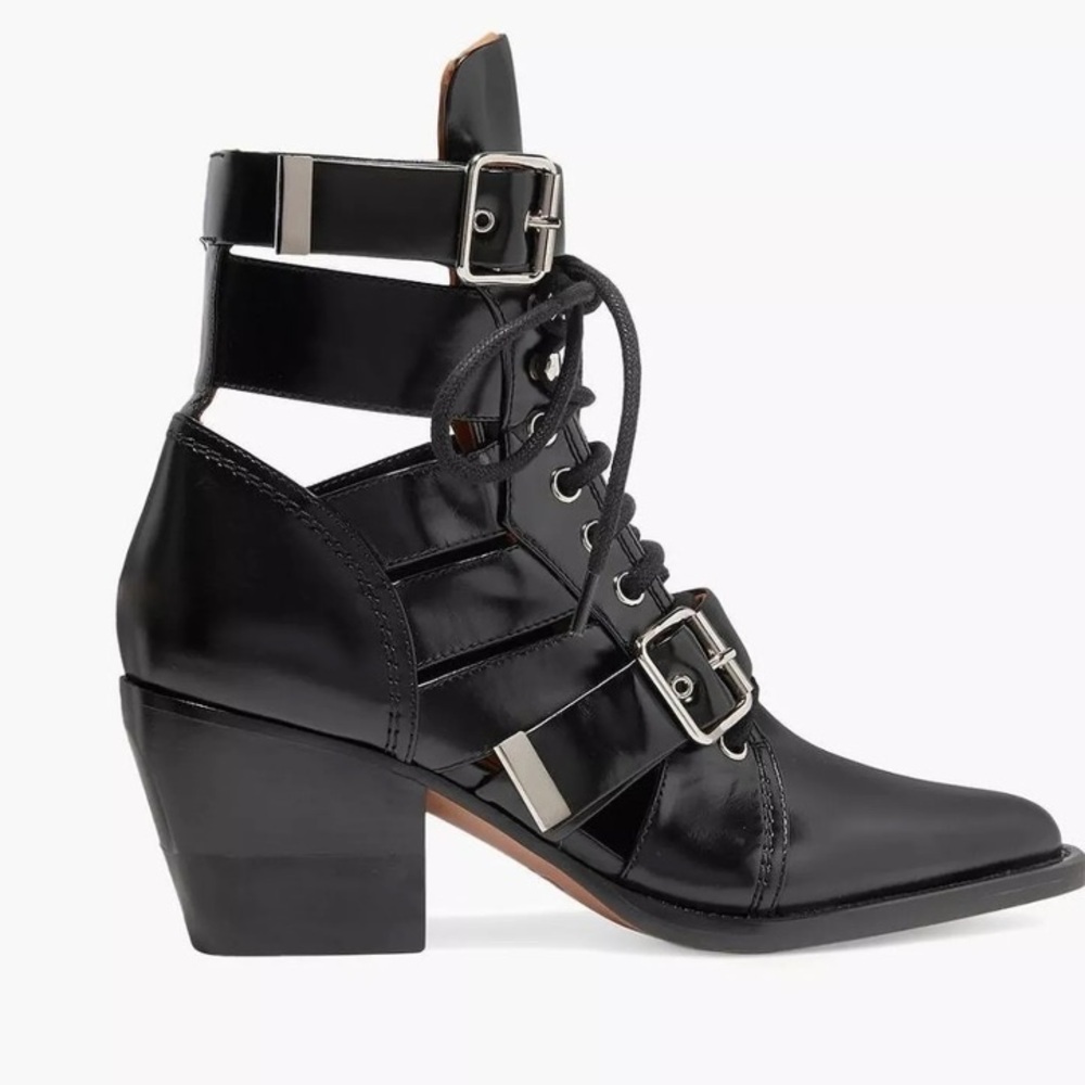 Chloe Rylee Buckle Pointed Tor Lace Up Strap Black Leather Boots Heels 7 NWOT